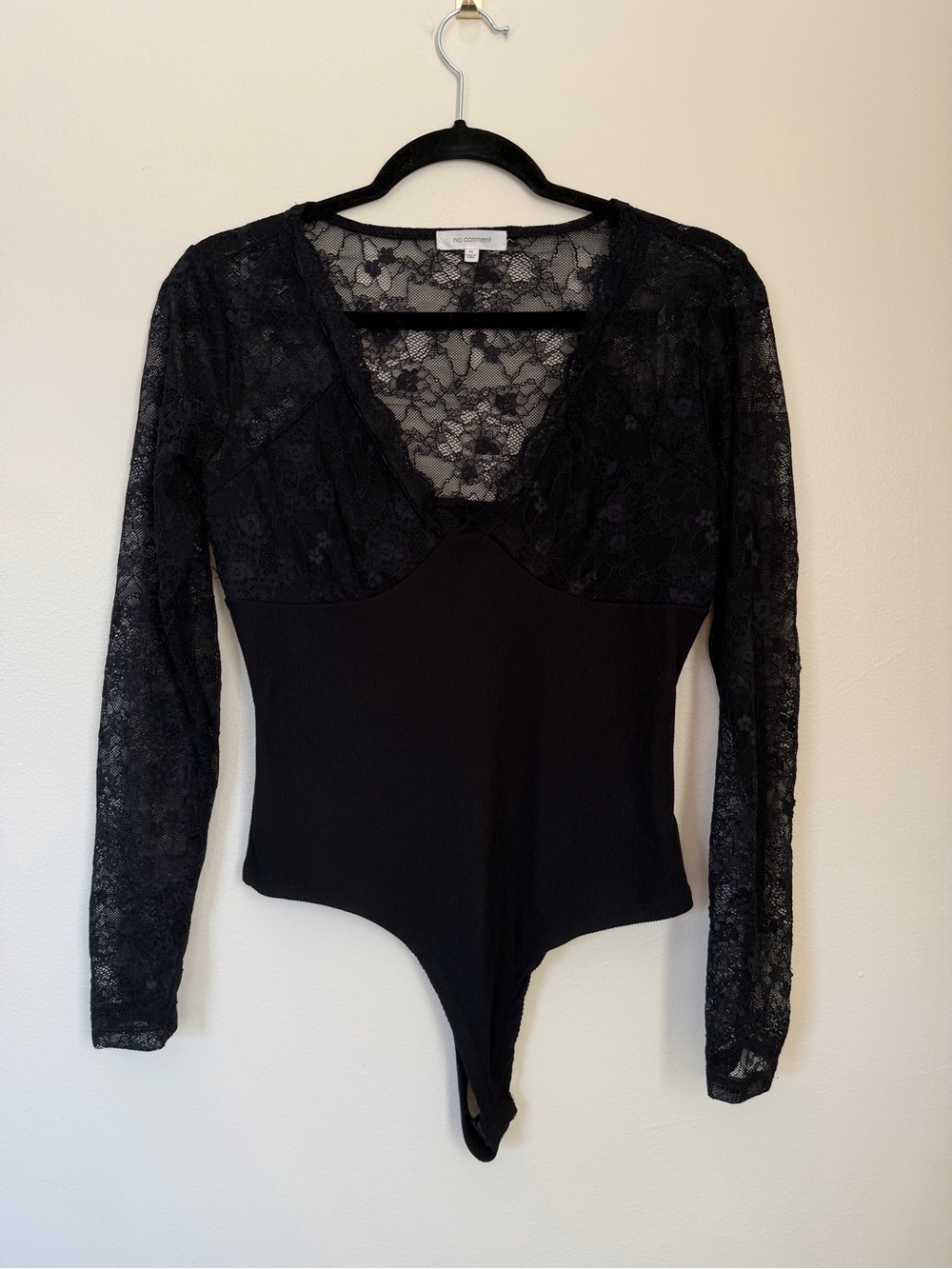 Sheer Lace Long-Sleeve Black Bodysuit